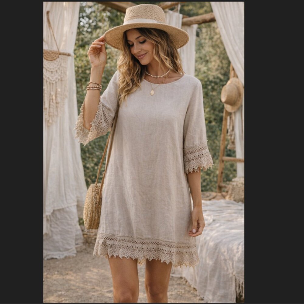 Rosemarine Taupe Linen Dress with Lace Crochet Details
